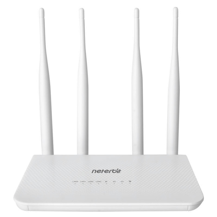 مودم 4G LTE نتربیت مدل NW-431F با پشتیبانی از استاندارد Wi-Fi 4، سرعت 300Mbps در باند 2.4GHz، چهار پورت LAN برای اتصال سیمی پایدار و منبع تغذیه آداپتور برق